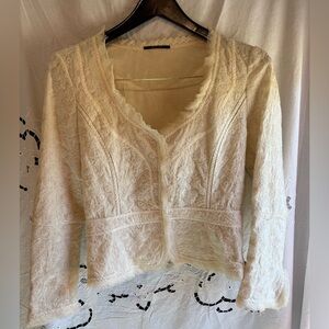 Elie Tahari Ivory lace V-Neck fairy clasp front Victorian cotton Blouse small